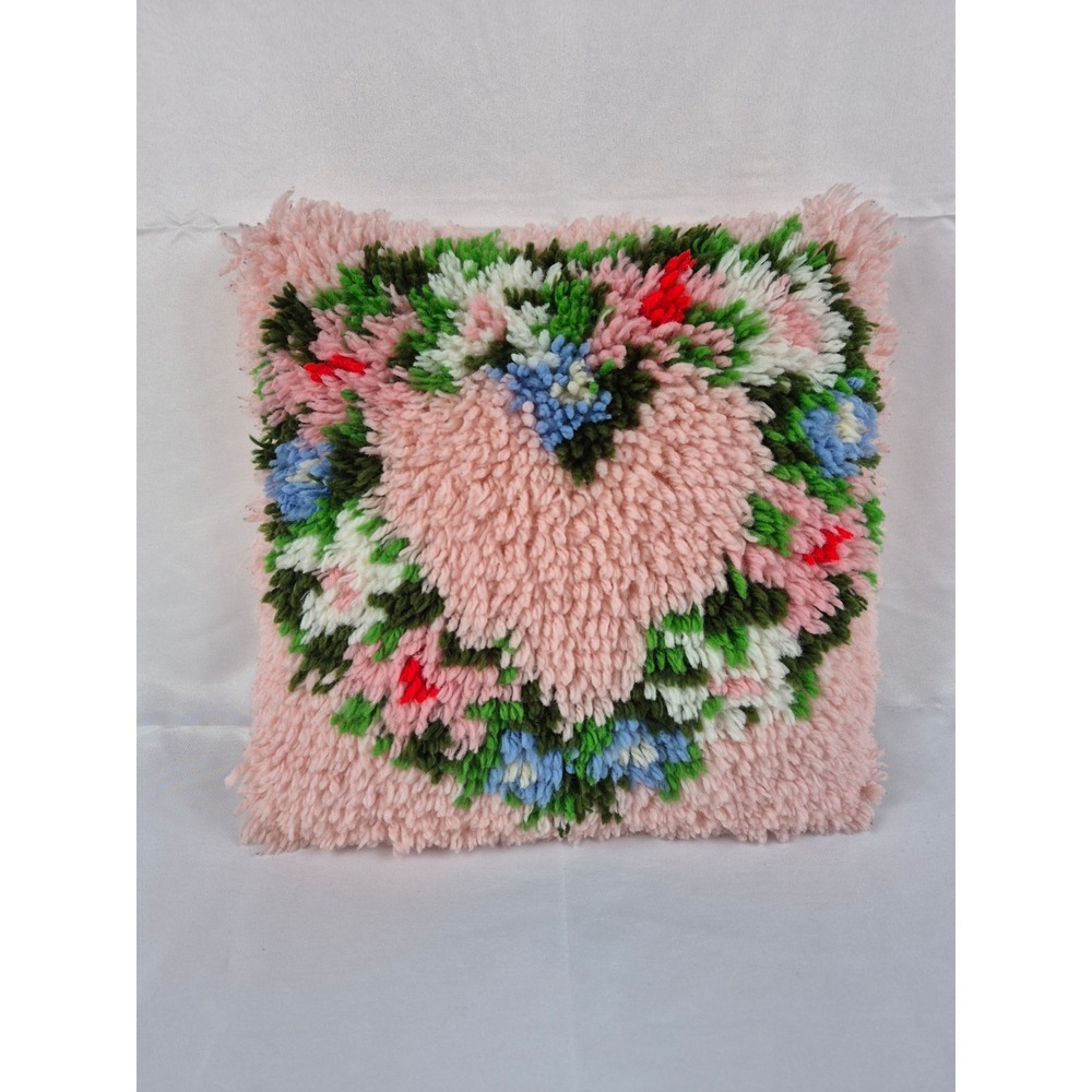 Vintage Latch Hook Pillow Floral Pink Cottagecore Shabby Chic Mothers Day Heart
